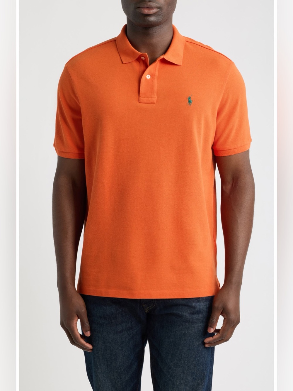 Men’s The Iconic Classic Fit Mesh Polo in orange and green size medium